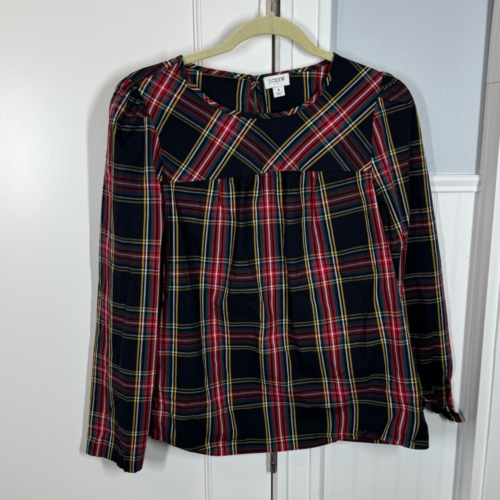 J. Crew Tartan Plaid Puff-Sleeve Top in Stretch Poplin‎ Medium Red Black small